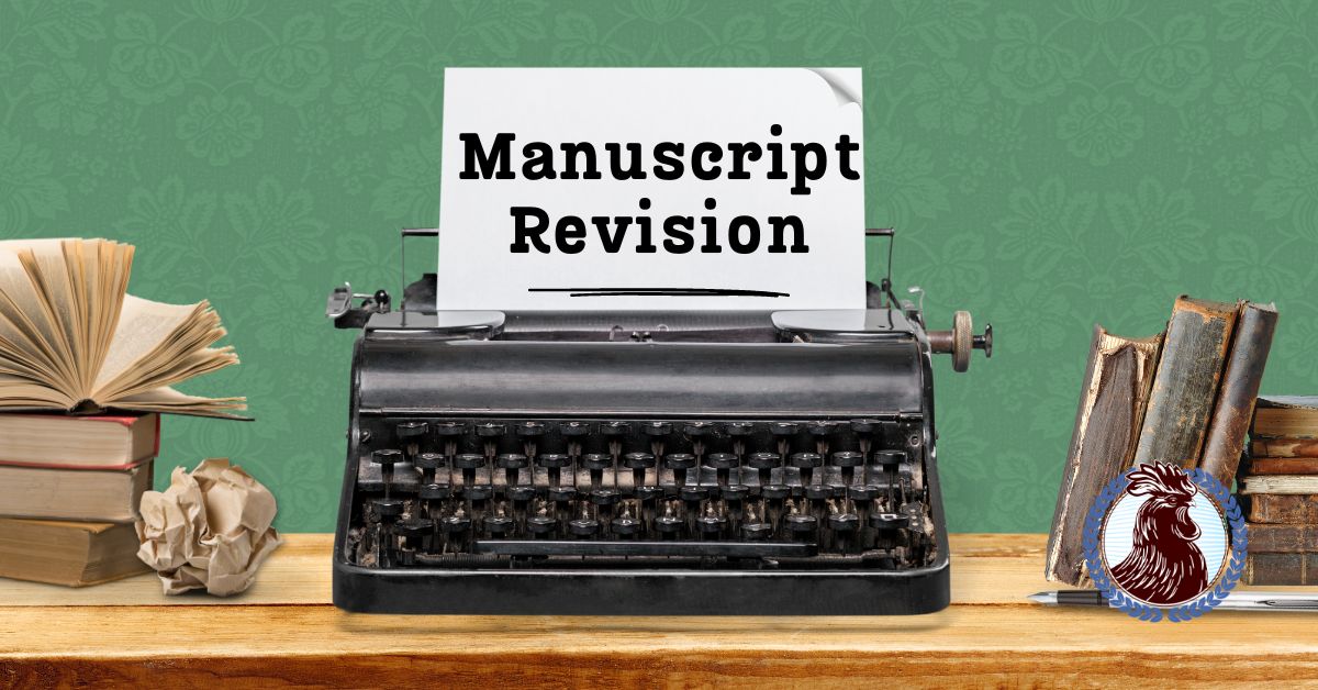 A typewriter on a green background with the words "Manuscript Revision"