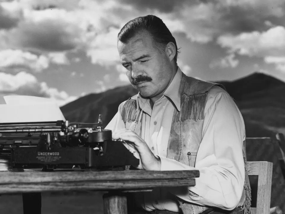 Hemingway, typewriter, vest, sky, outdoors