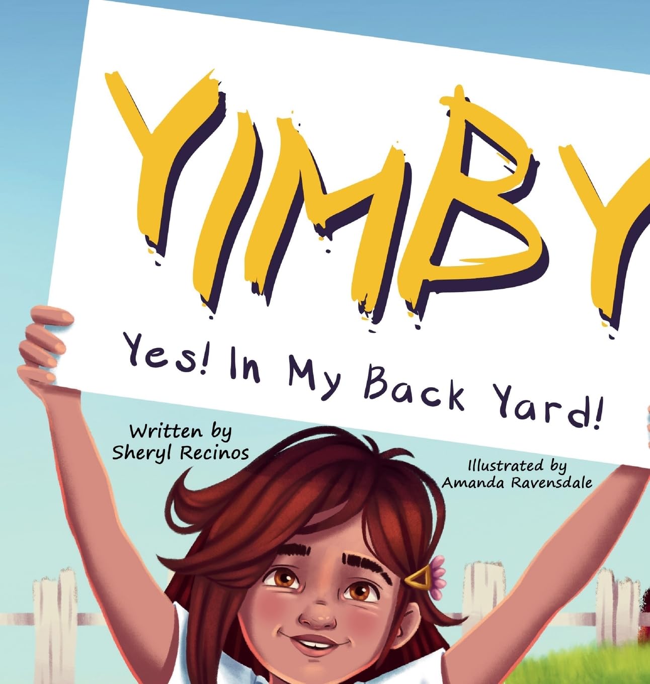 Yimby, girl, sign, cartoon, graphic, backyard
