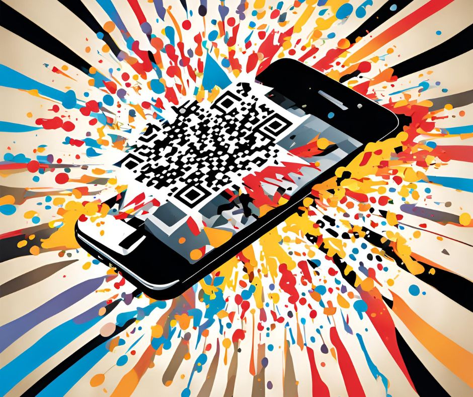 Exploding, phone, qr code, blue, red, yellow, orange, black