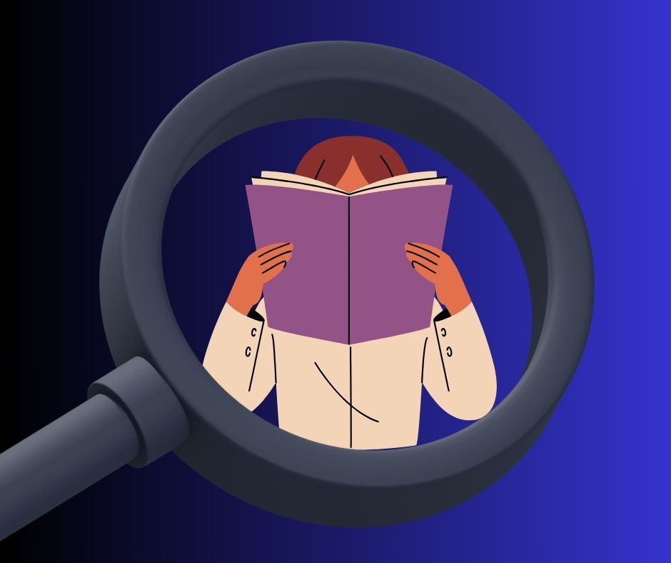 magnifying glass, book, person, blue, black