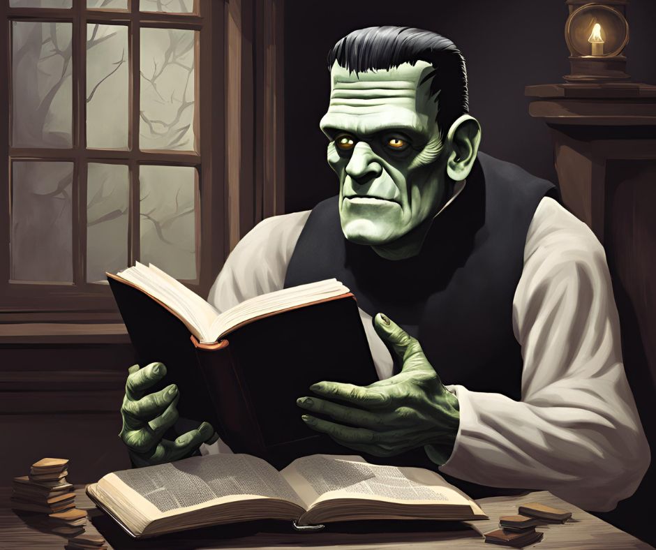 frankenstein, book, reading, window