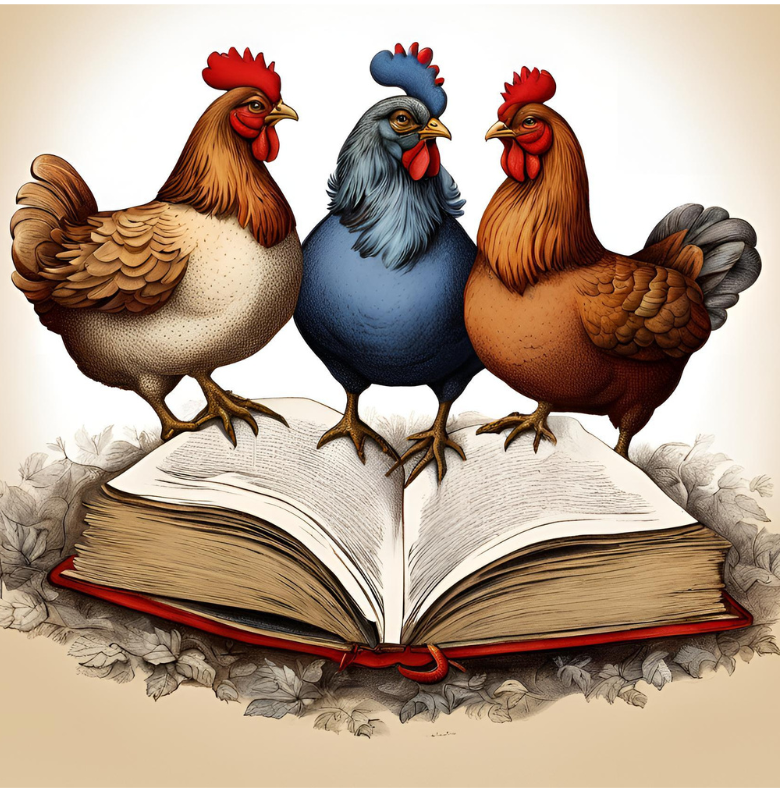 Hens, books, blue, tan, beige, open