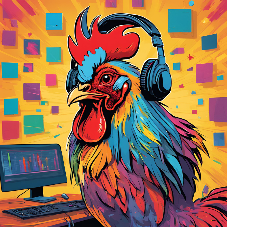 Podcasting, rooster, blue, read, yellow, purple, screen, squares