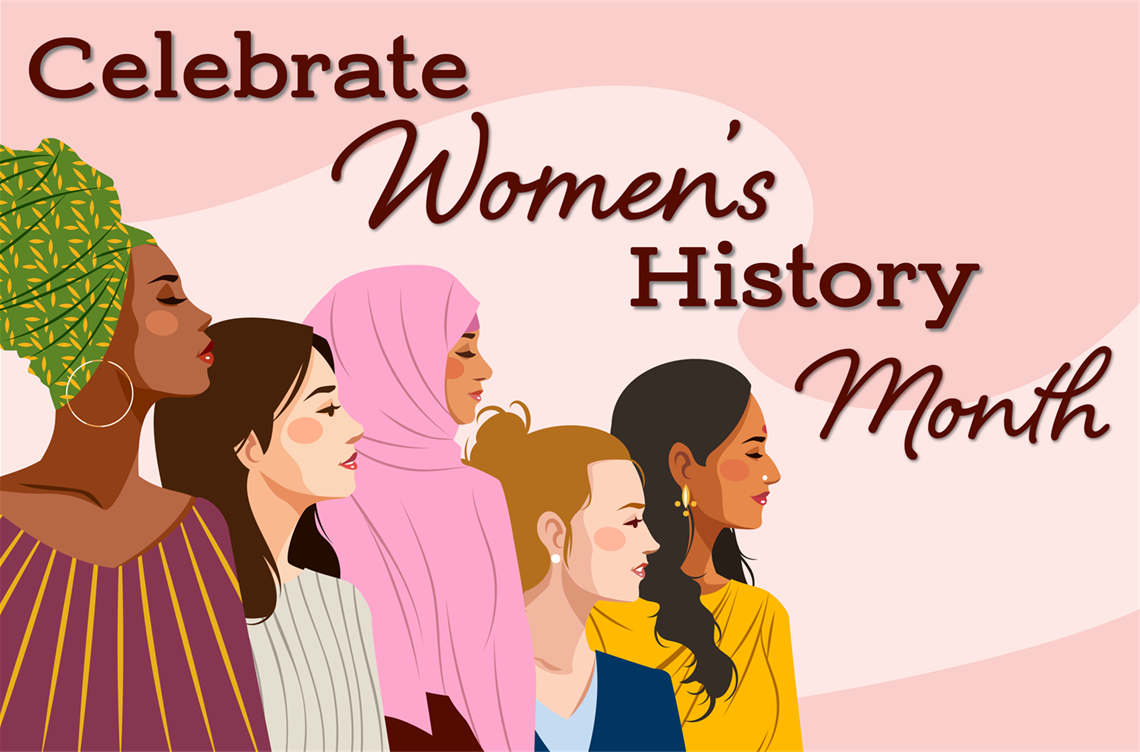 Womens History Month, pink background, five women